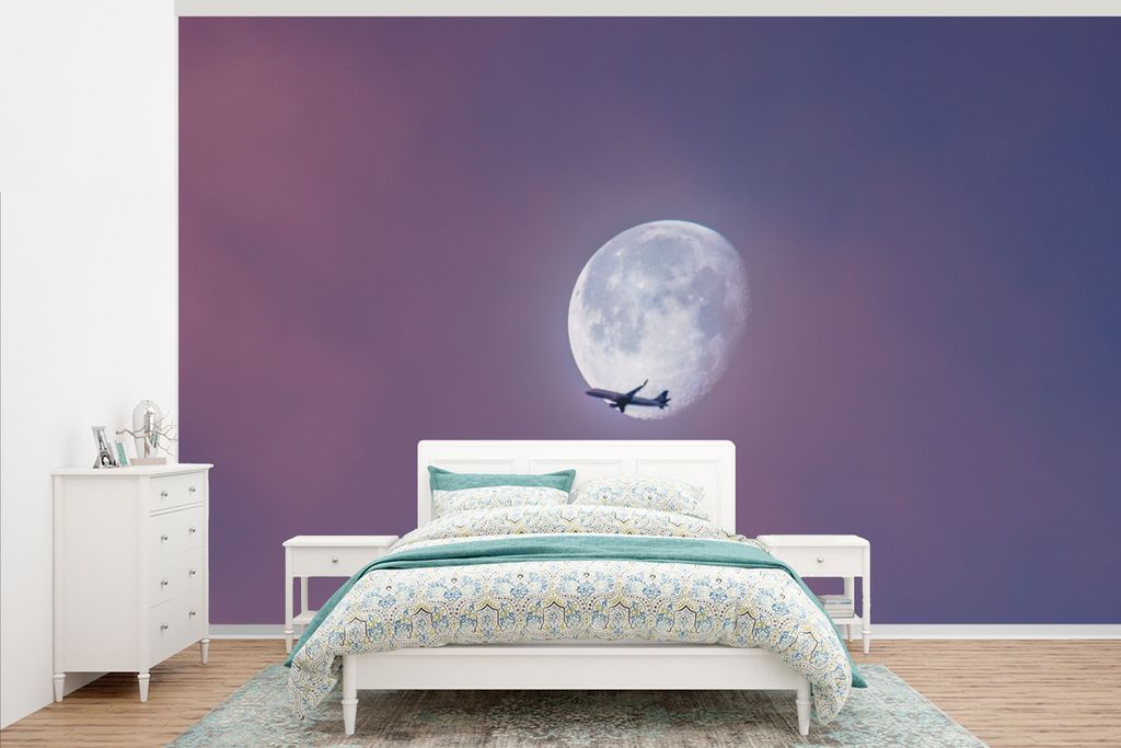 MuchoWow Fototapete für Wohnzimmer oder Schlafzimmer Wandtapete Vinyl Motivtapete Flugzeuge - Mond - Himmel - 375x240 cm - Wand Tapete