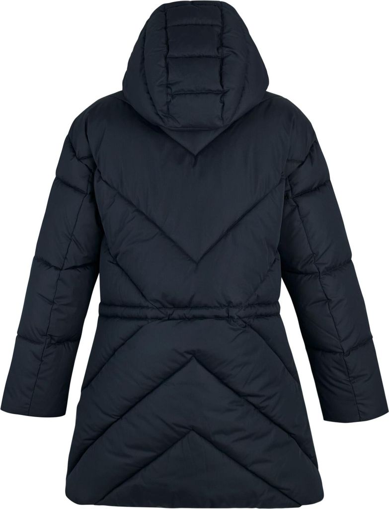 Back view of a dark blue puffer jacket.