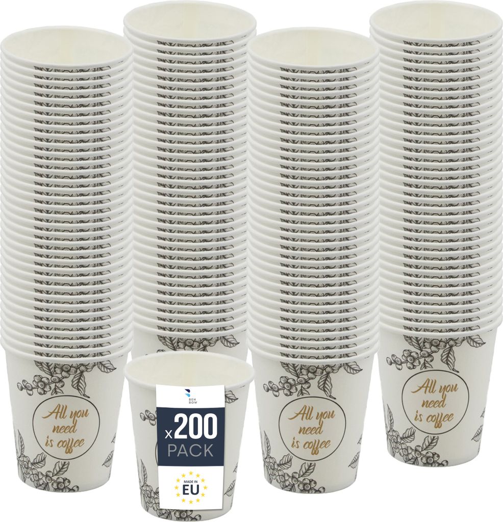 BenBow Kaffeebecher 250 ml x 200, Pappbecher zum Mitnehmen, Einwegbecher für Unterwegs, All You Need Is Coffee, Kaffee Becher für Büro und Kaffe...