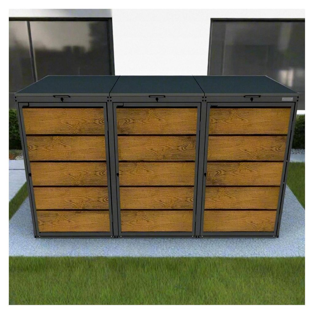 Mülltonnenbox OBOX Eiche für 3 Mülltonnen mit Klappdach 240L