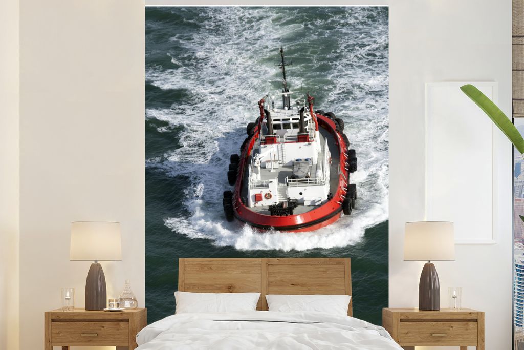 MuchoWow Fototapete für Wohnzimmer oder Schlafzimmer Wandtapete Vinyl Motivtapete Schlepper auf dem Wasser - 170x260 cm - Wohnzimmertapete