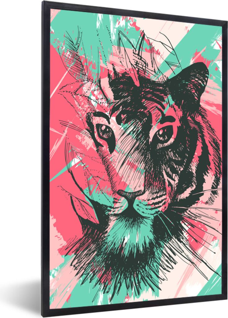 MuchoWow MuchoWow Gerahmtes Poster Tiger - Abstrakt - Rosa 60x90 cm - Poster mit zchwarzem Bilderrahmen - Kunst