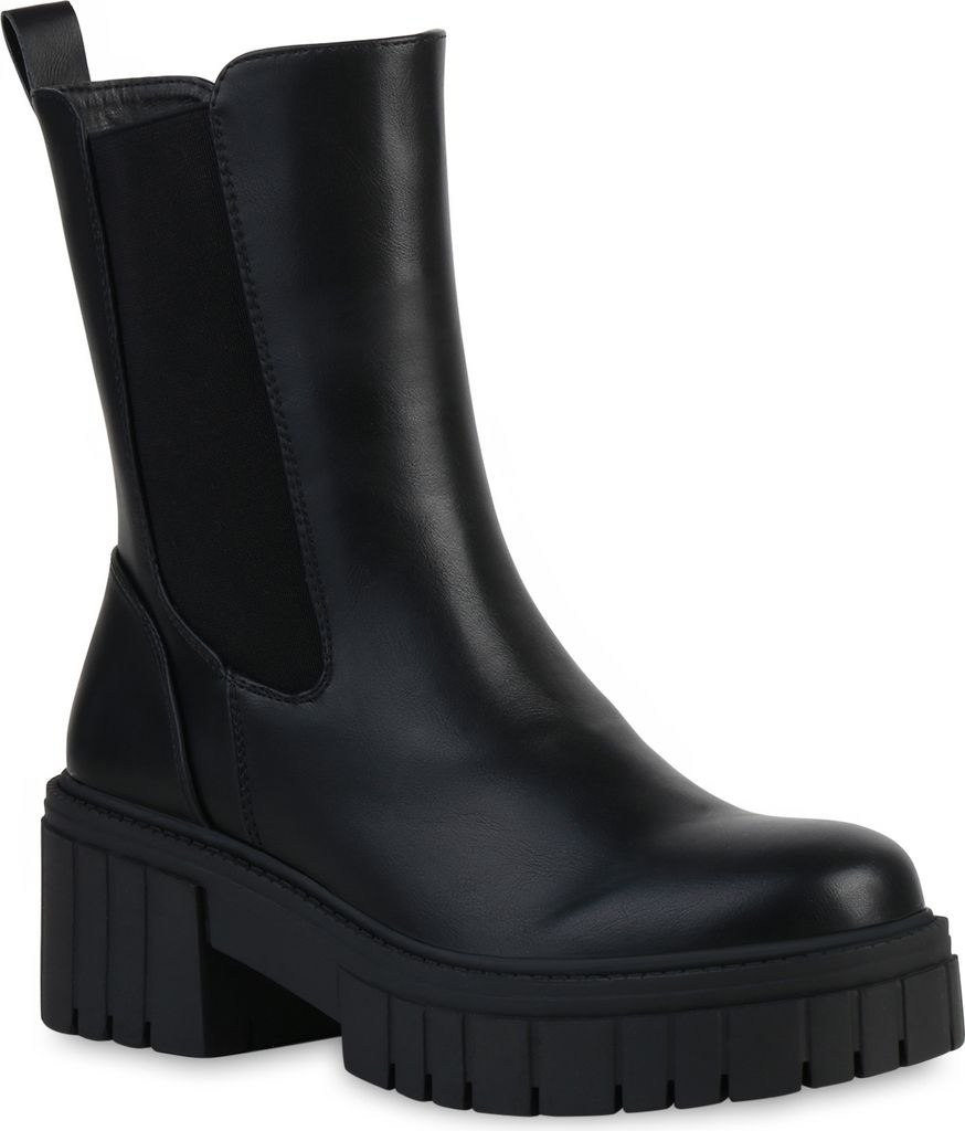 VAN HILL Damen Stiefeletten Plateau Boots Stiefel Profil-Sohle Schuhe 837673, Farbe: Schwarz, Größe: 42