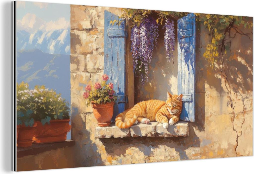 MuchoWow Wanddekoration Metall Metallbild Wandkunst 80x40 cm Katze - Fensterbank aus Stein - Blumen MuchoWow Aluminium Gemälde - Wanddekoration - ...