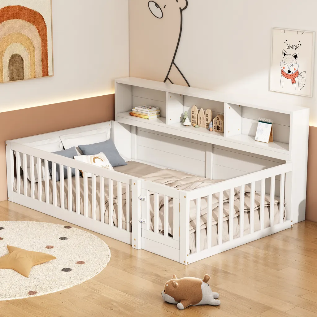 Lit de sol enfant 90x200cm Flieks blanc avec étagère et sommier bois