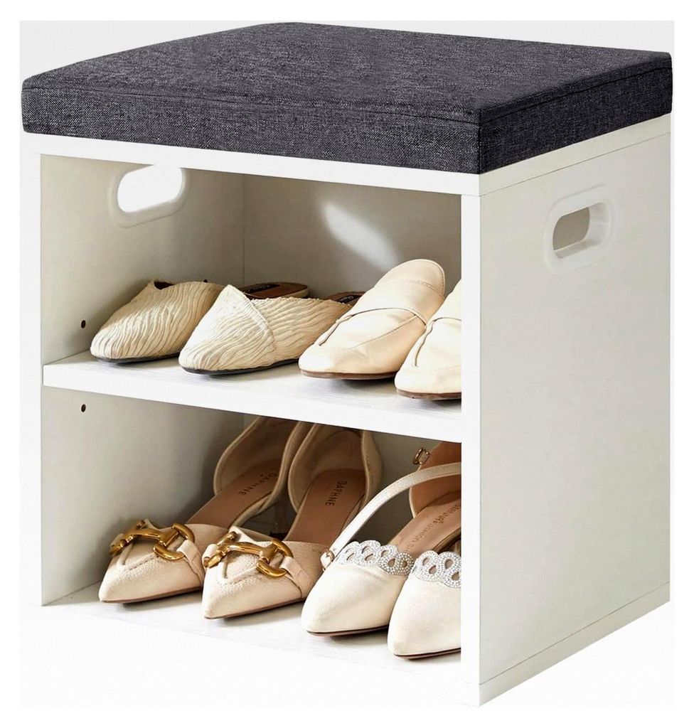 Schuhaufbewahrungsbank mit Sitzkissen, 2-stufiges Schuhregal mit gepolstertem Sitz, verstellbarer Schuhorganizer für Eingangsbereich, Wohnzimmer, ...