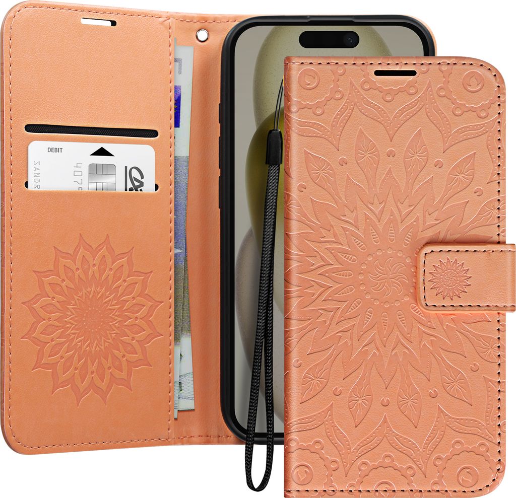 Avizar, Apple iPhone 16 Pro Mandala Wallet Cover Handschlaufe, Hellrosa