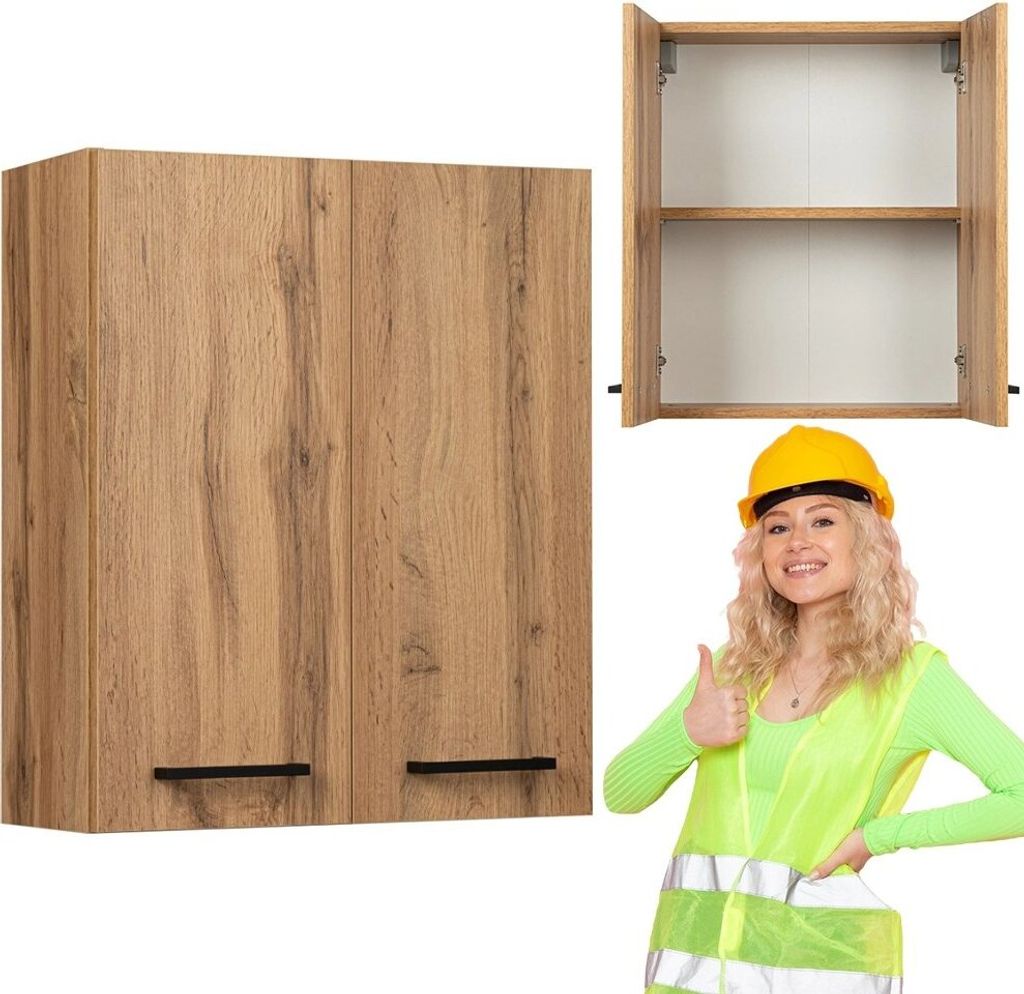 A collage showing a cabinet, an open cabinet with shelves, and a woman in construction attire giving a thumbs up.
