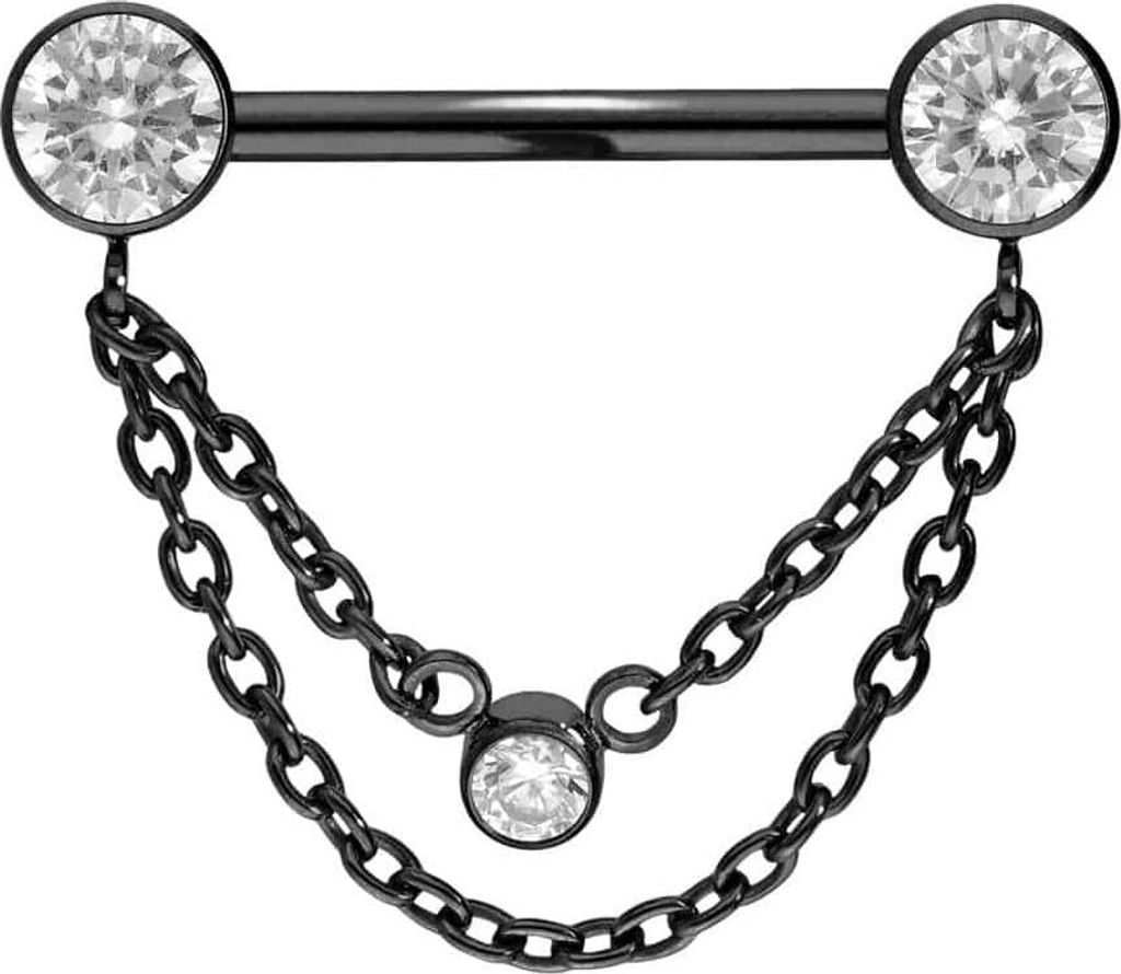 Zungenpiercing, Intim-Piercing Titan Barbell mit Push Fit 2 KETTEN + KRISTALLDISCS Schwarz Stablänge: 16mm