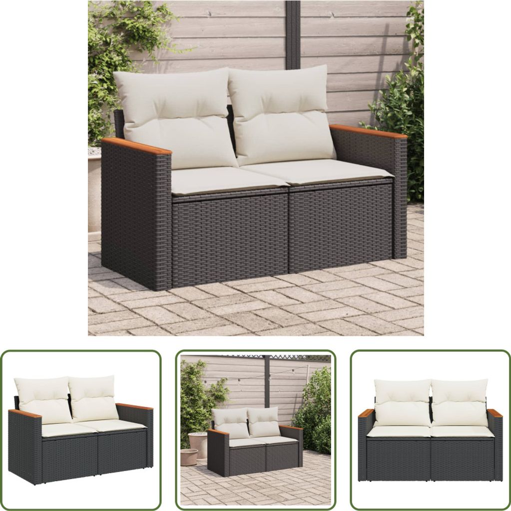 The Living Store Gartensofa mit Kissen 2-Sitzer Schwarz Poly Rattan