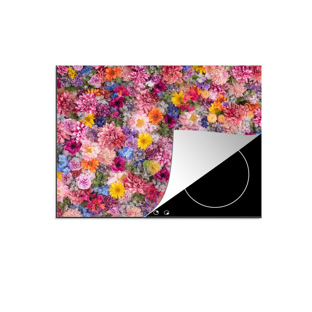 KitchenYeah Herdabdeckplatte Blumen - Farben - Collage , 71x52cm, Küche Deko, Glaskeramikkochfeld Herdabdeckung, Abdeckplatte fùr Kochfeld