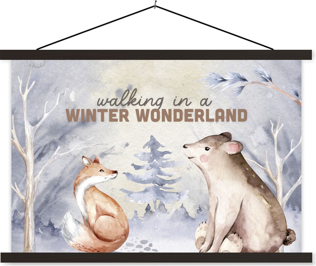 MuchoWow Textilposter Winter - Fuchs - Bär - Schnee 60x40 cm mit schwarzem Rahmen - Hölzernes