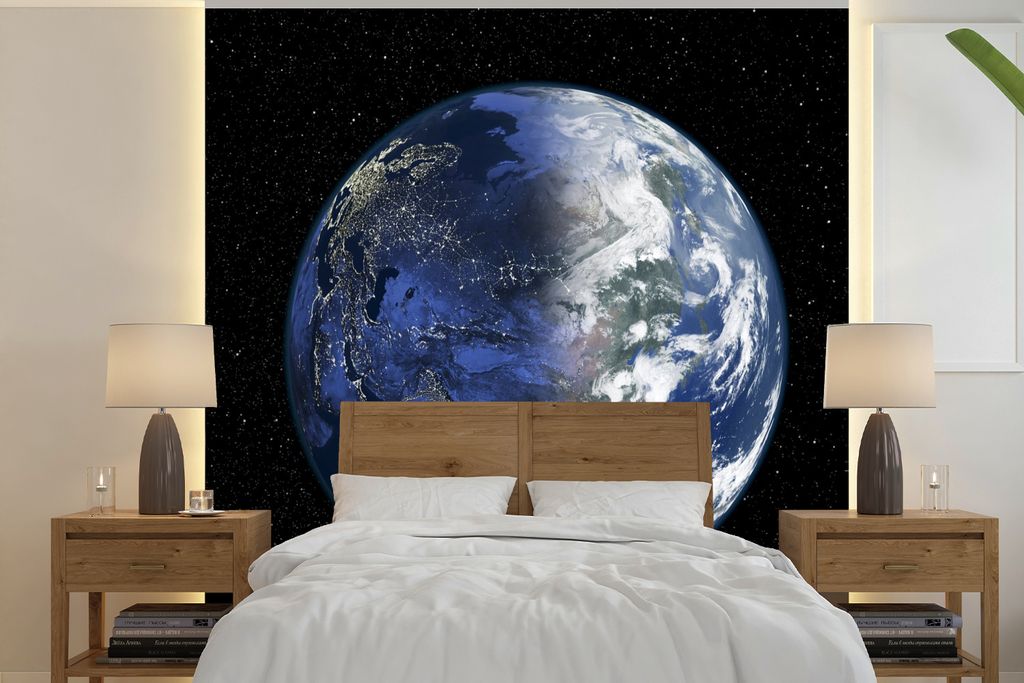 MuchoWow Fototapete für Wohnzimmer oder Schlafzimmer Wandtapete Vinyl Motivtapete Asien bei Tag und Nacht - 260x260 cm - Papiertapeten