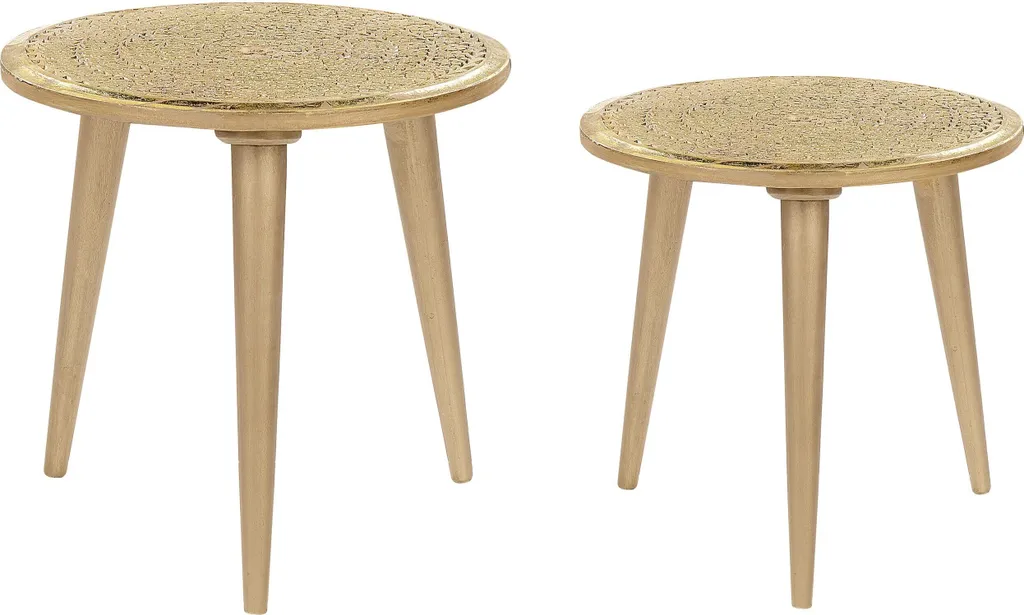 Petites tables d'appoint dorées effet vintage et motifs gravés à la main