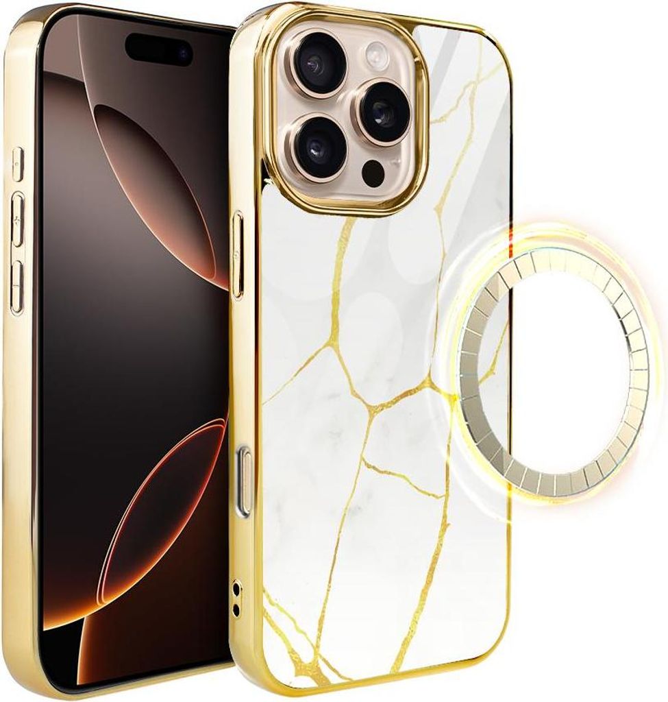 iPhone 16 Pro Max IBIZU Elite Glashülle mit MagSafe, Kintsugi, weißes Porzellan, Gold