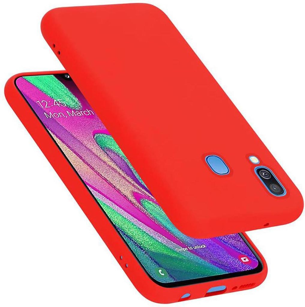 A red phone case is shown on top of a Samsung Galaxy A40 phone.
