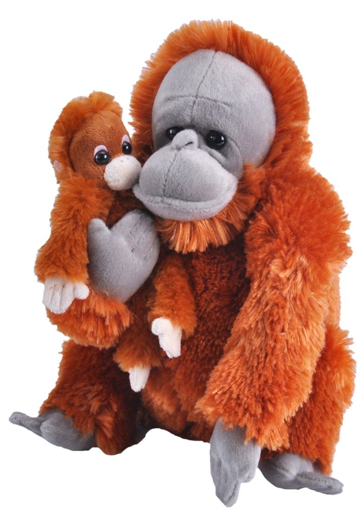 A stuffed toy orangutan mother holding her baby.