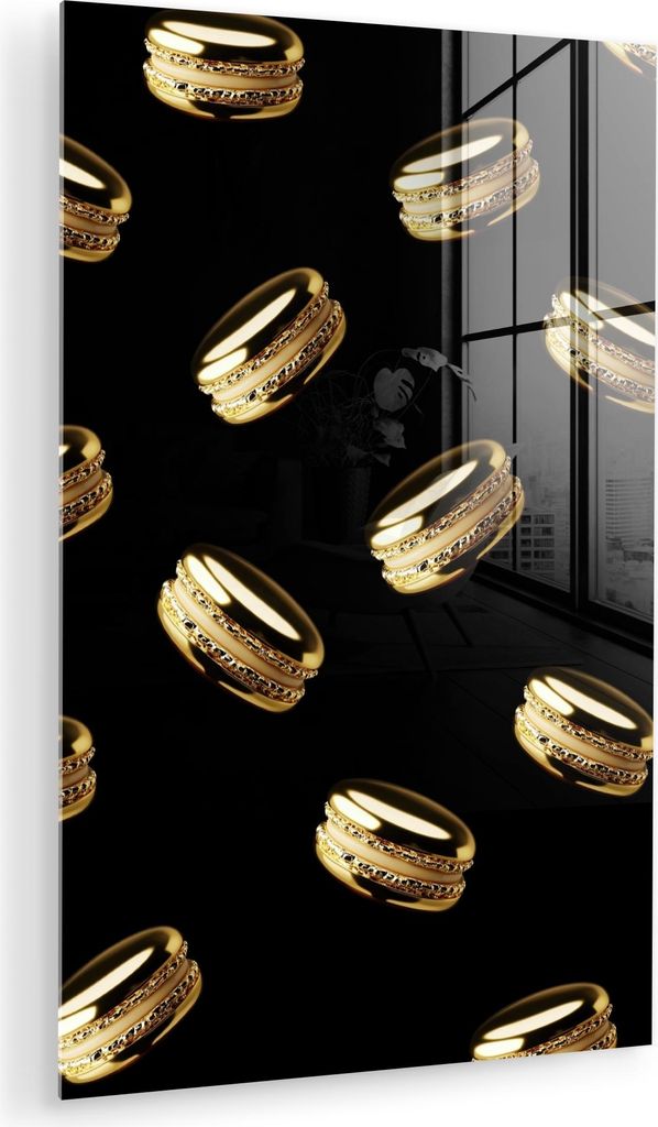 MuchoWow Glasbilder - Bilder auf Wandbild - Foto auf Glas Makronen - Muster - Gold - Schwarz 20x30 cm Wanddekoration aus Glas - Acrylglasbild - Acr...