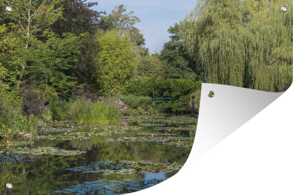 MuchoWow 120x80 cm Outdoor-Poster Gartendeko Sichtschutz Garten Poster für den Garten Die japanische Brücke aus der Ferne an einem Sommertag i...