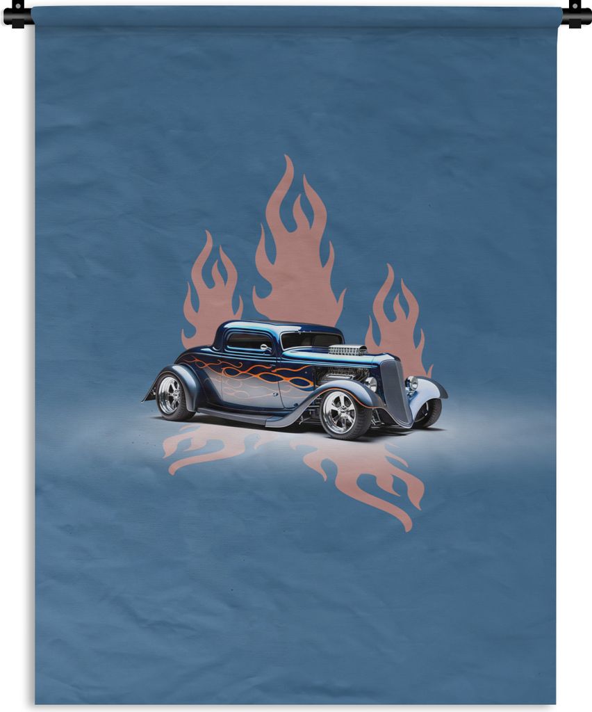 MuchoWow Wandteppich Wandbehang Auto - Blau - Flammen - Vintage 150x200 cm Tapisserie Dekoration Wandtuch - Wandaufhängung - Moderner