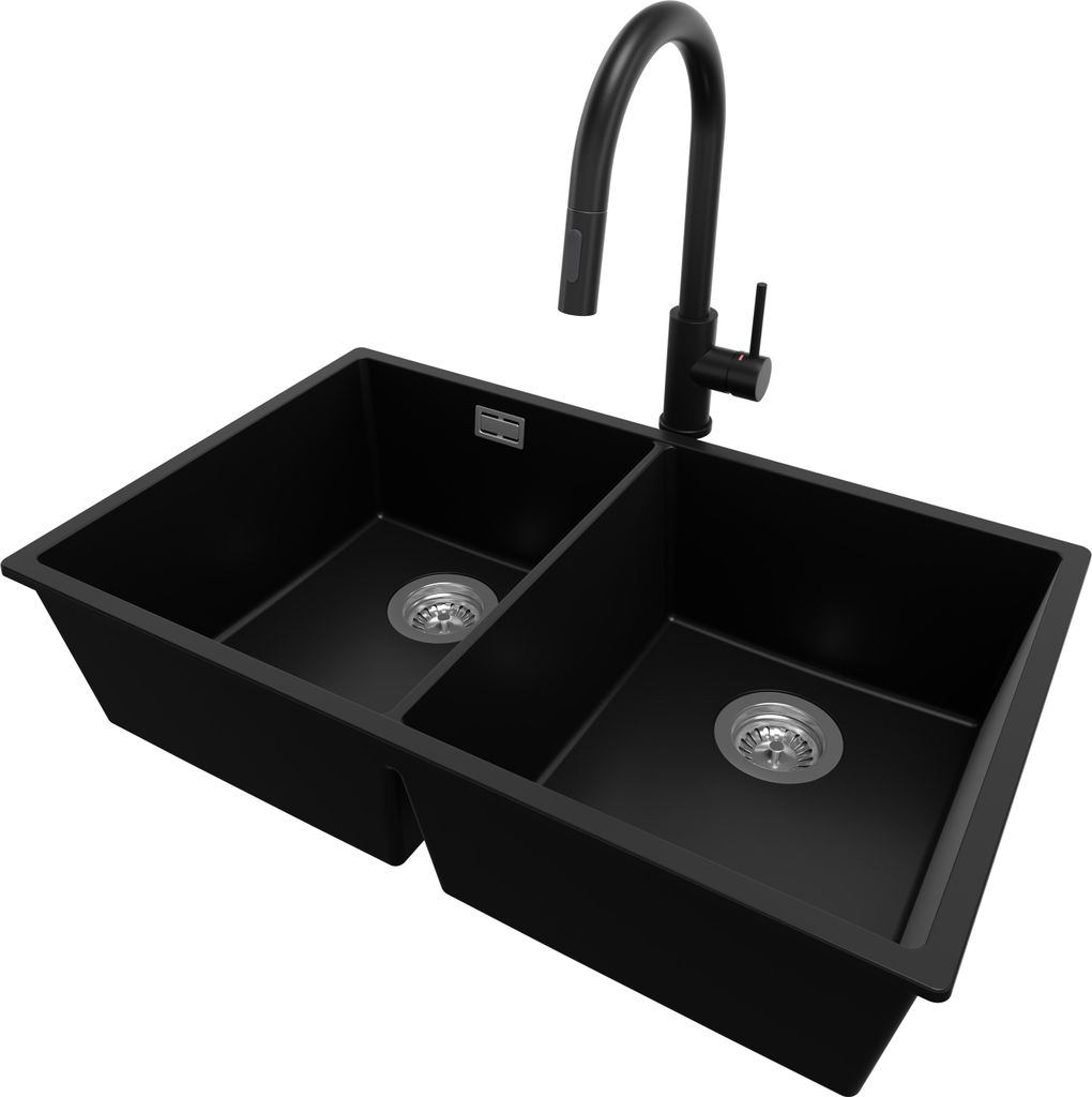 PRIMAGRAN Unterbauspüle Granit Schwarz 76x47cm, Spülbecken 2 Becken + Küchenarmatur 40x20cm + Ablauf-Set, Granitspüle ab 80er Unterschrank - Lo...