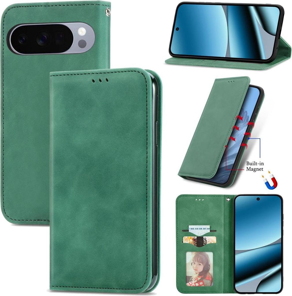 Mobigear Retro Slim Google Pixel 10 Pro XL Hülle Klapphülle Geldbörse - Grün