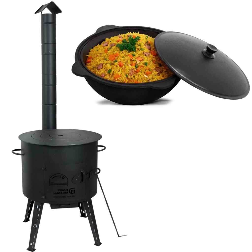 Ø40 Uchag 2mm stahl 12L Kazan Utschak mit Schornstein Adapter-Ringe Abzugsrohr Utschag Campingofen Kasan Feuerstelle Feldküche Außenküche Einto...