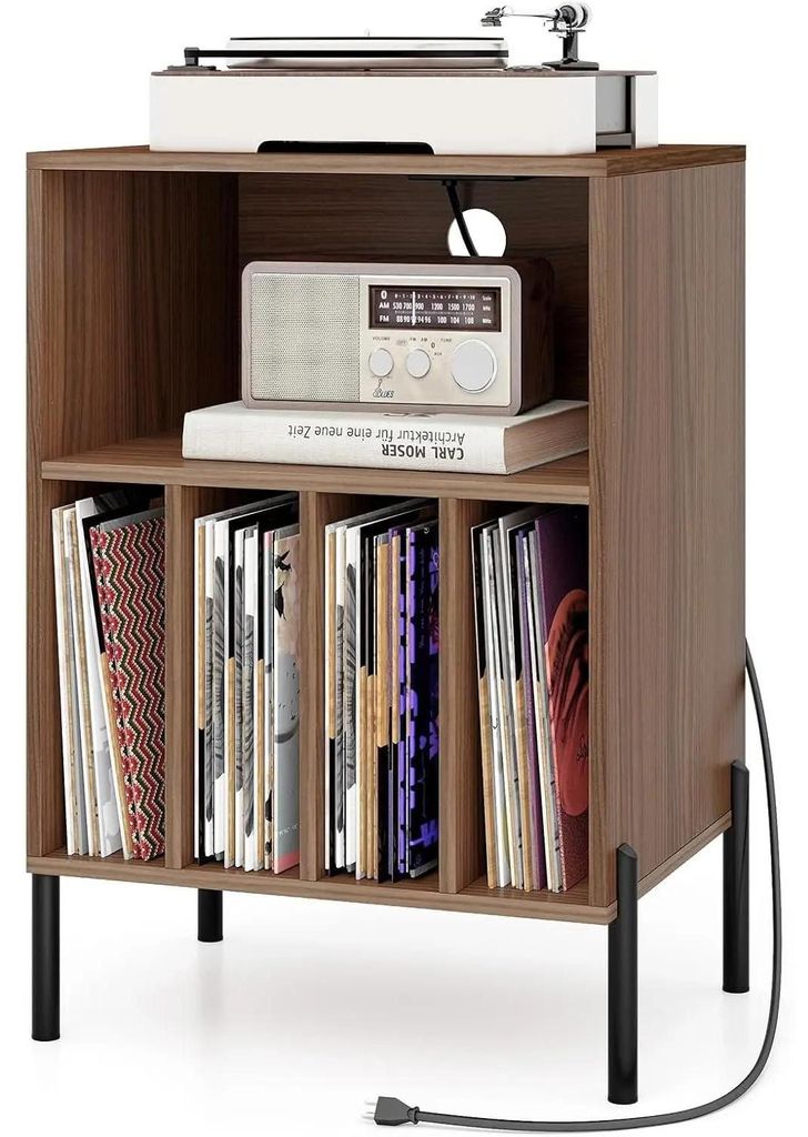 Plattenspieler Regal - Turntable Tisch mit Ladestation - Vinyl Aufbewahrung mit 4 Fächern und Metallbeinen - Braun