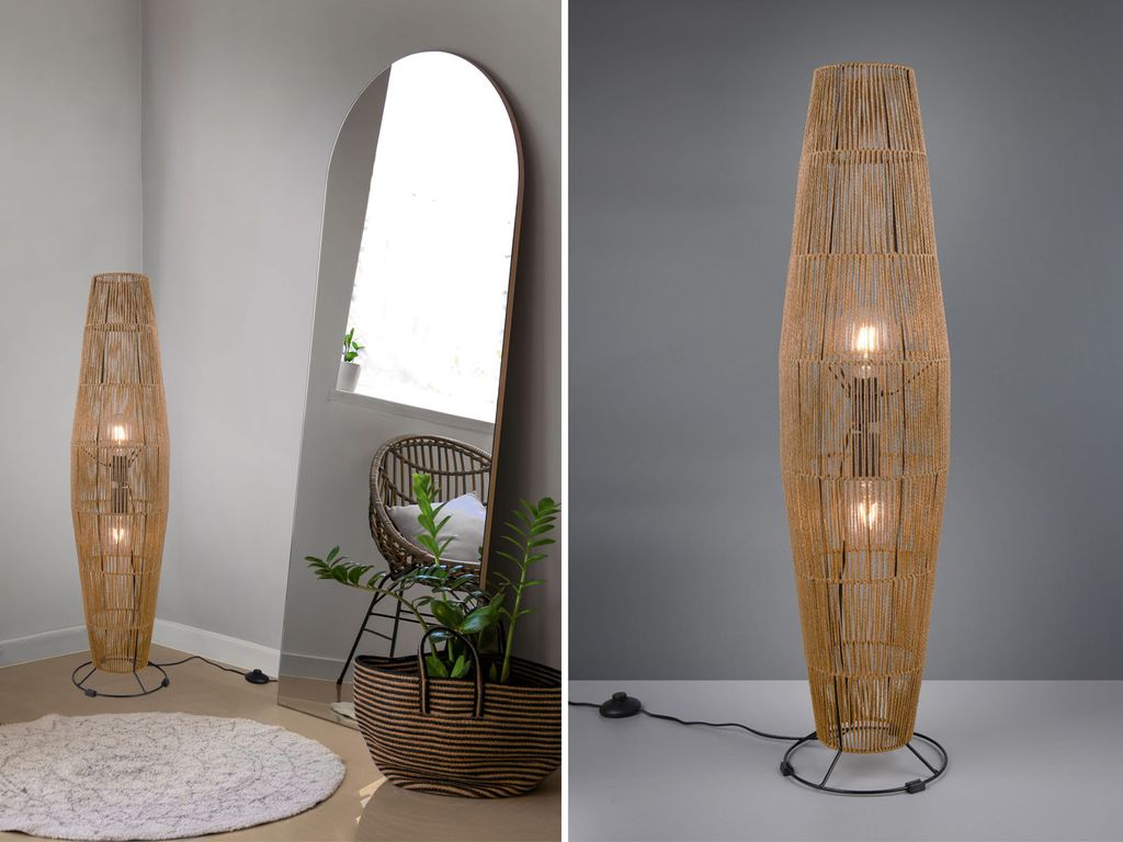 Kleine skandinavische LED Stehlampe für Wohnzimmer Ecke, Bodenlampe Rattan-Optik