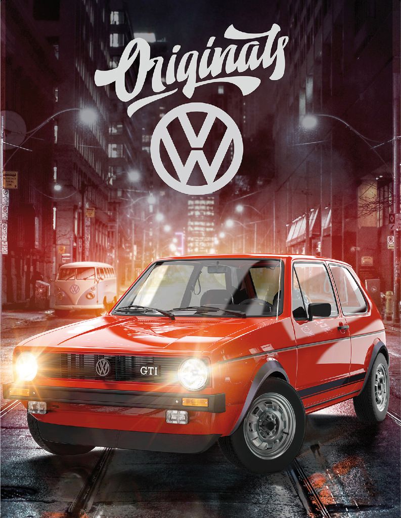 A red Volkswagen Golf GTI parked on a city street at night, with a VW logo and the word "Originals" above it.