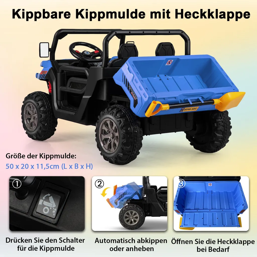 Voiture électrique 2 places avec benne basculante et pelle pour enfant