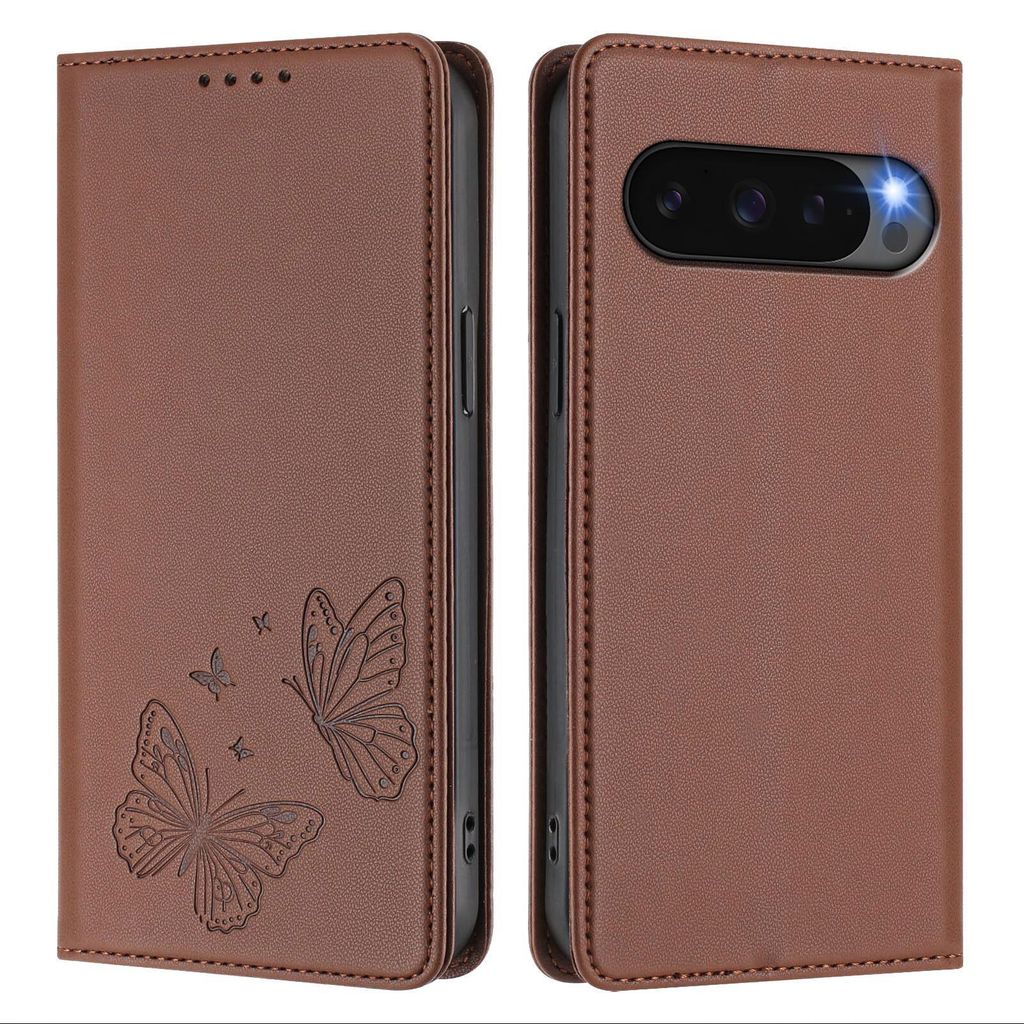 Lederhülle für Google Pixel 9/Pixel 9 Pro/Pixel 10/Pixel 10 Pro, Schmetterling Prägung Leder Brieftasche Schutzhülle mit Ständer Braun