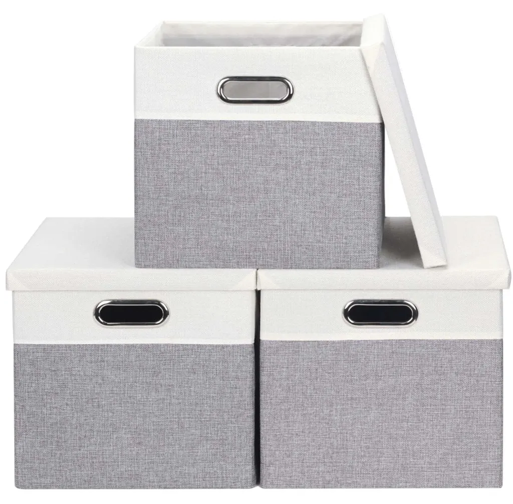 Cube de Rangement 30cm Gris et Blanc Pliable en Tissu avec Couvercle