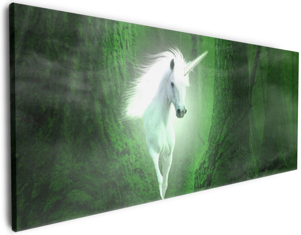 Wallario Premium Leinwandbild Weißes Einhorn im grünen Wald in Größe 60 x 150 cm
