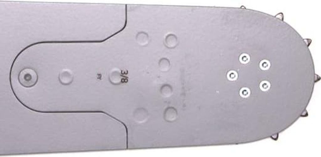 Close-up view of the tip of a chainsaw bar.