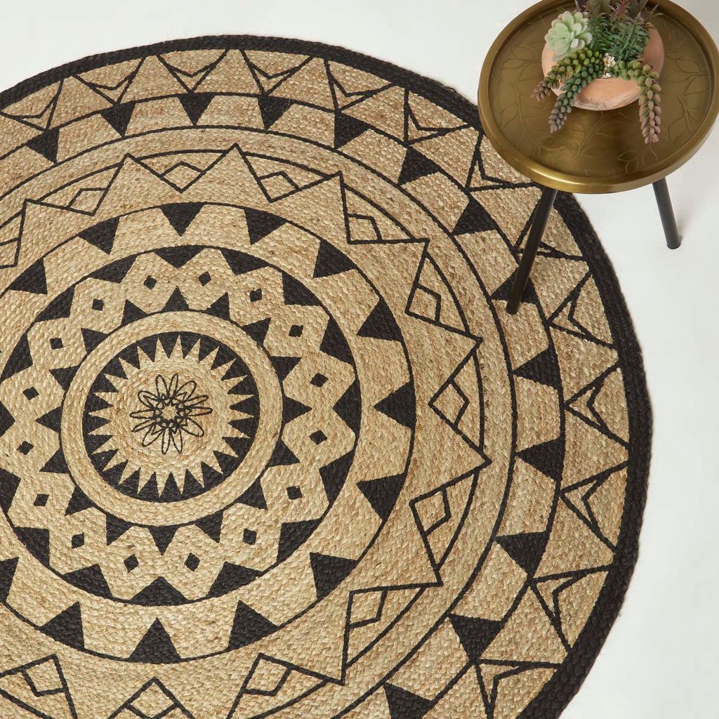 HOMESCAPES Runder Teppich Mandala 200 cm – Jute-Teppich geflochten, schwarz-natur