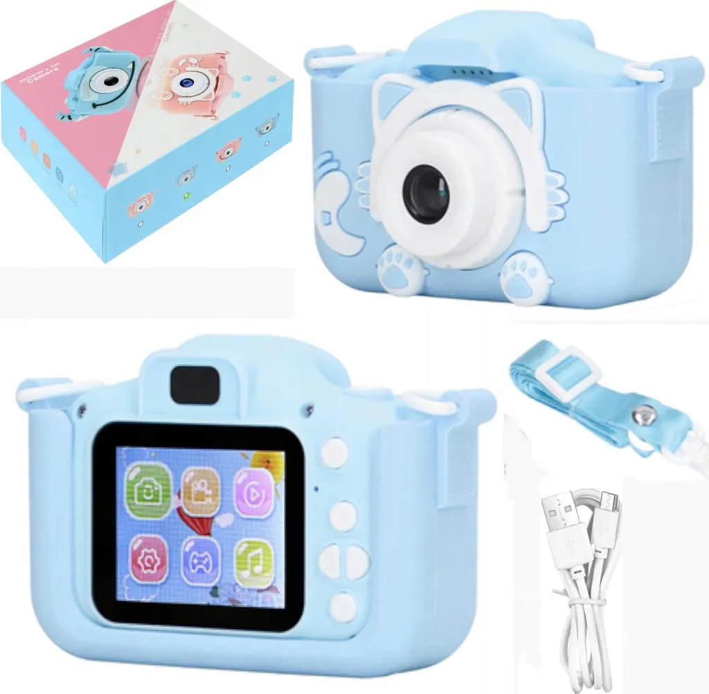 Coque silicone Kitty antichoc pour caméra enfant avec dragonne bleue