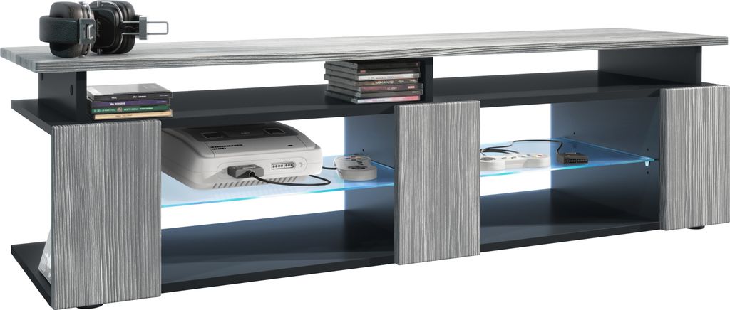 Vladon TV Board Movie V2 Game On Lowboard 138,5 x 39 x 39 cm inkl. LED-Beleuchtung Blau, Korpus in Schwarz matt, Fronten in Avola-Anthrazit