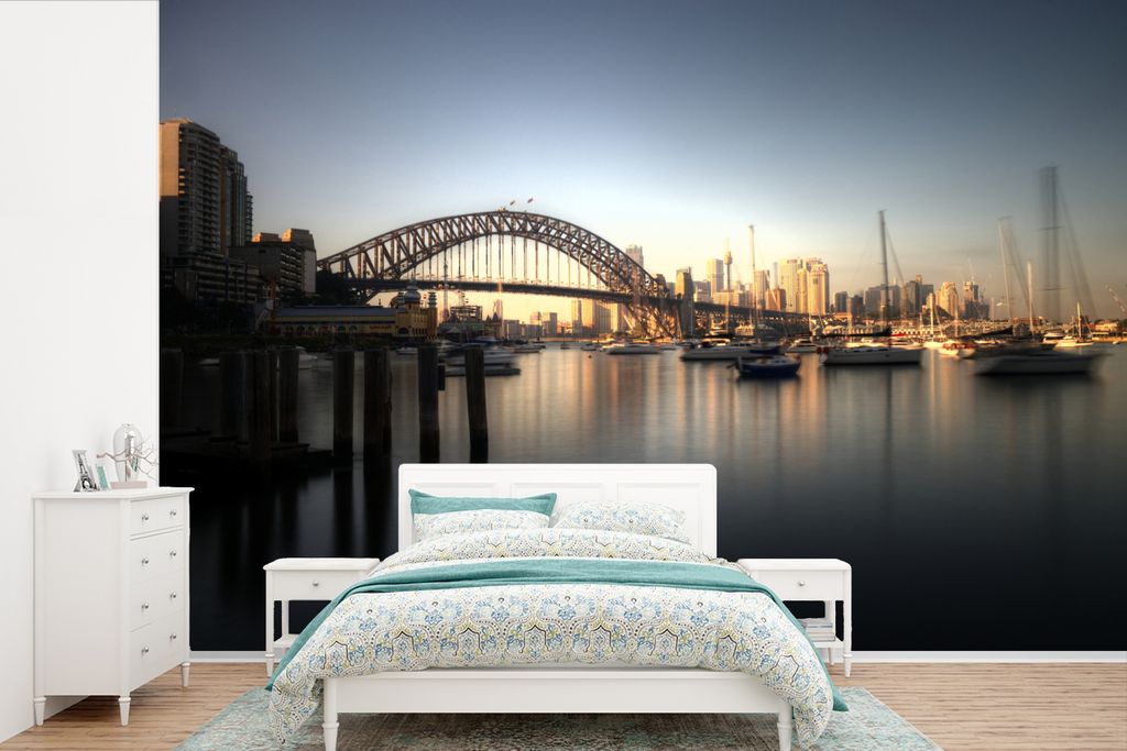 MuchoWow Fototapete für Wohnzimmer oder Schlafzimmer Wandtapete Vinyl Motivtapete Boote vor der Sydney Harbour Bridge in Australien - 450x300 cm...