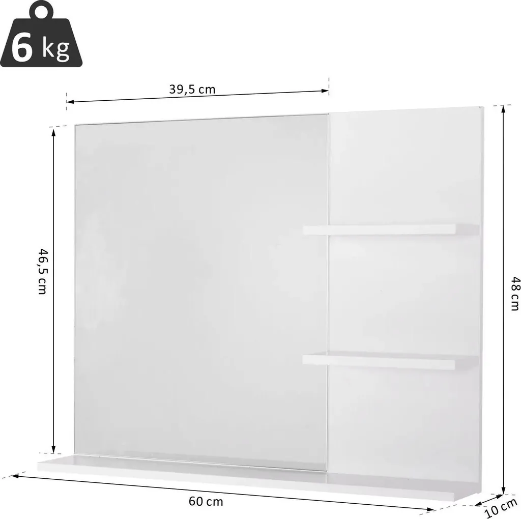 Miroir de salle de bain blanc avec 3 tablettes intégrées - 60x10x48 cm - 6