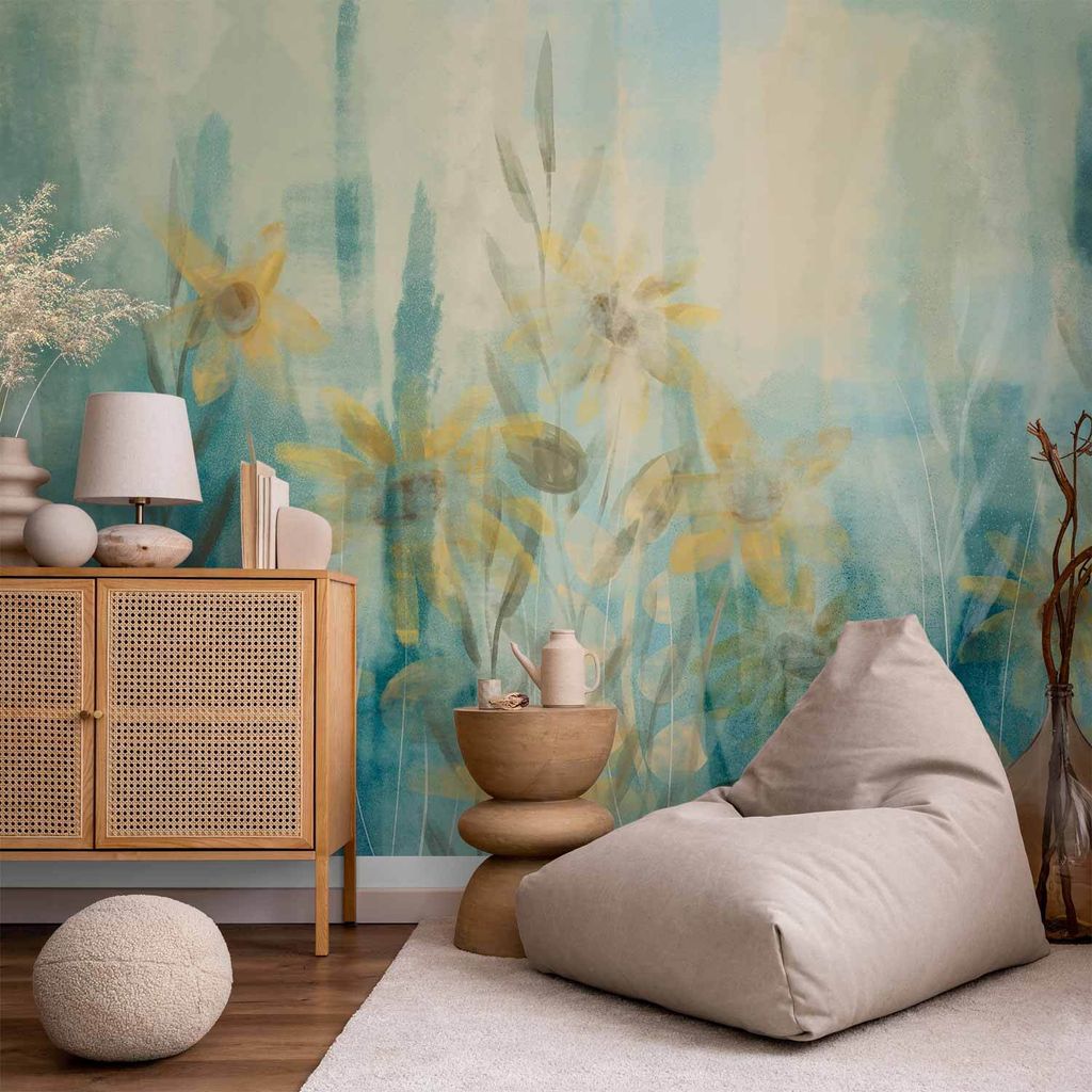 Vlies Fototapete - A touch of summer - floral motif with a meadow of flowers in blue tones 200x140 cm Blätter b-A-10138-a-b