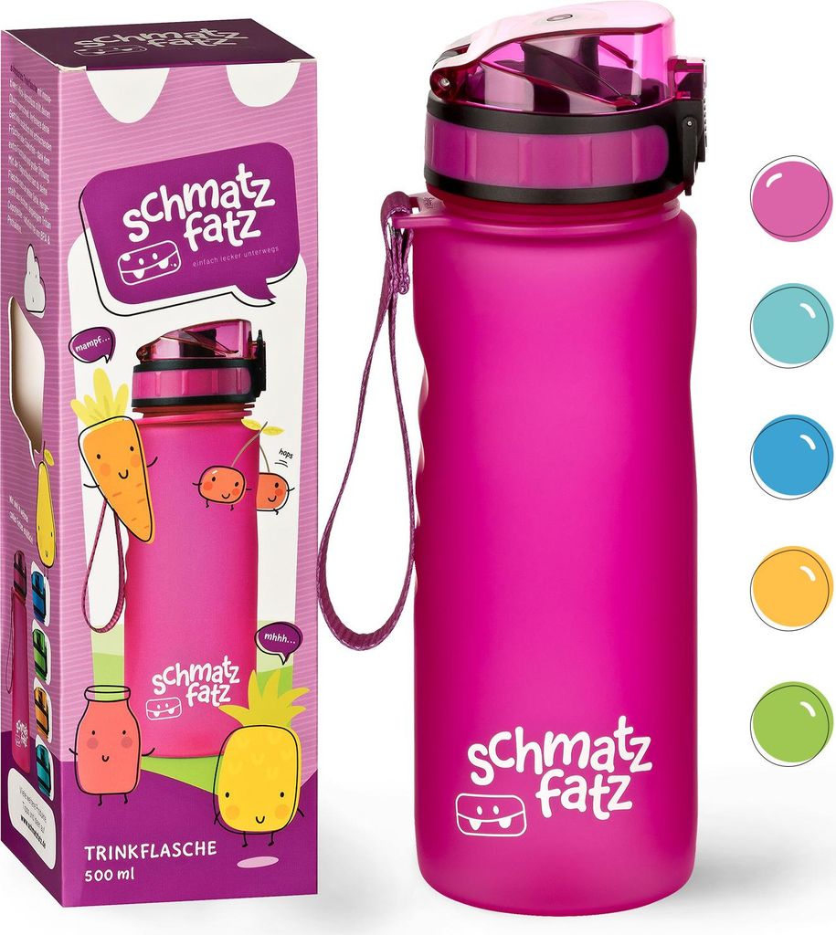 A pink water bottle and its packaging are displayed next to each other on a white background. Several colored circles representing other color options are also visible.