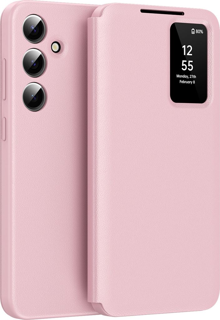 Leder Flip Case für Samsung Galaxy S24+, Smart View Fenster Handyhülle mit Kartenfach Pink