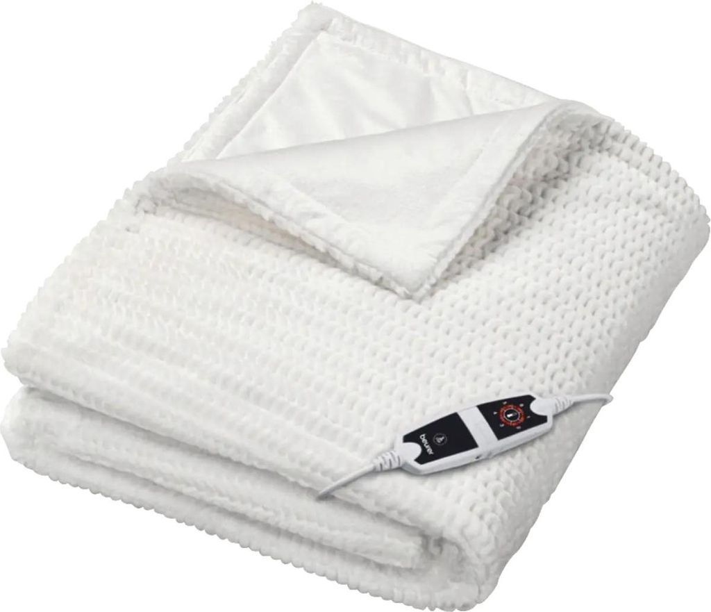 A folded white electric blanket with a controller attached.