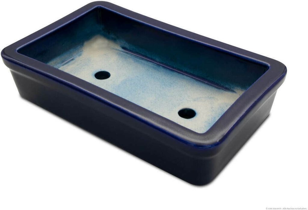 KERAZO Bonsaischale Pflanzschale aus Keramik mit zwei Bodenlöcher 29x18x7 cm frostfest, standfest, Farbe: blau