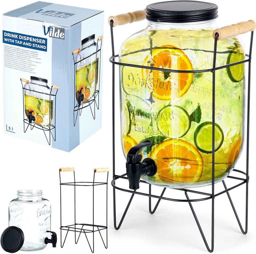 Vilde Glaskrug Getränkespender Zapfhahnflasche Glasspender mit Getränkehahn und schwarzem Ständer 5 L