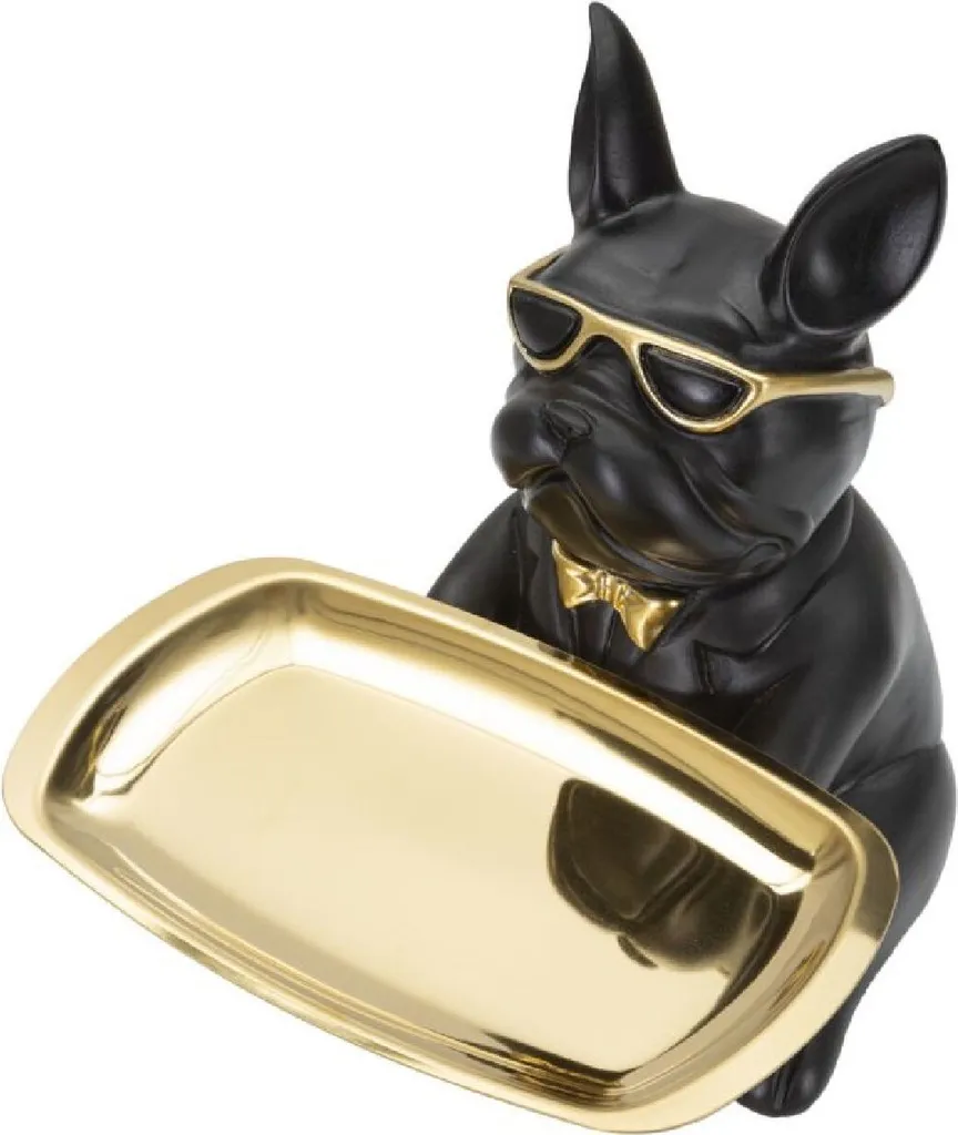Statue Bouledogue Décorative Noire et Dorée avec Vide-poche Design Chic