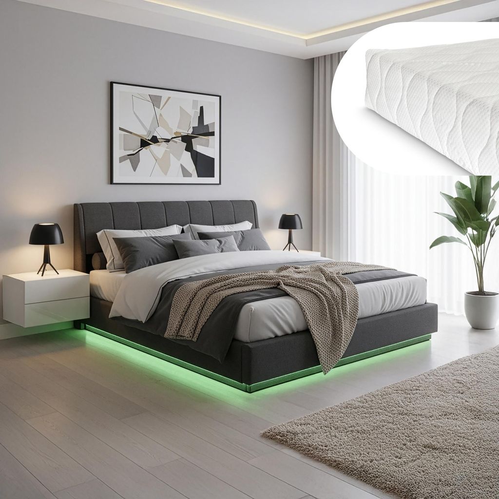LED Polsterbett 'Tröstiar' mit Bettkasten und Matratze Produktbild 