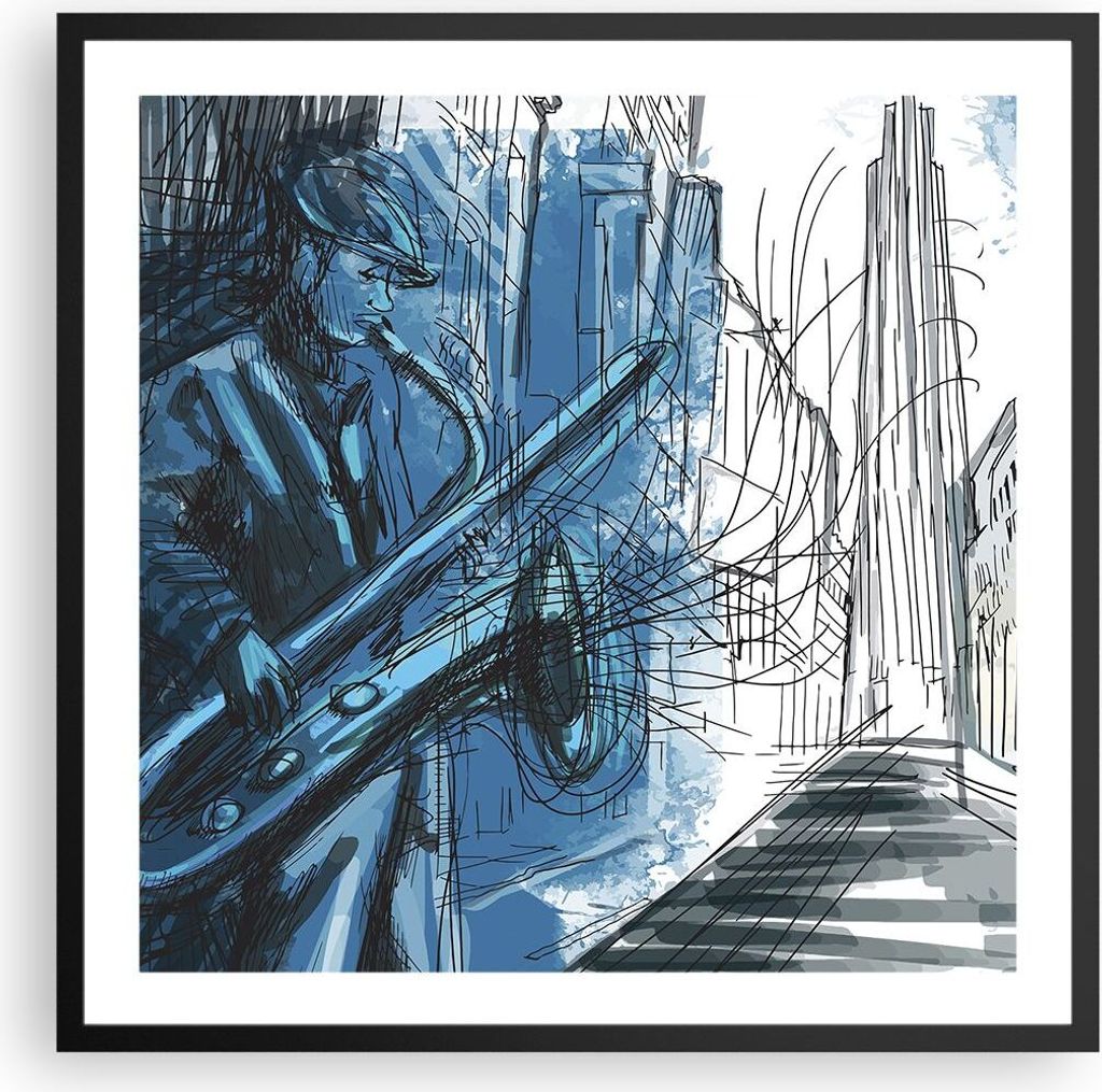 Gerahmtes Poster - Schwarzer Rahmen - Saxophon Musiker Zeichnen - 60x60 cm - Wand Bild - Wanddeko - Wandbilder - Wandposter - Bilderrahmen - Bilder...