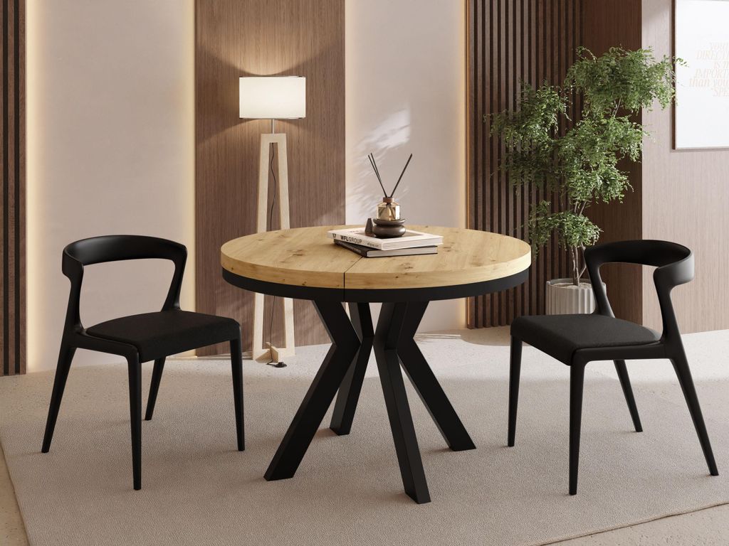 Runder Esstisch Ausziehbar 100-300 cm XXL Groß – Verlängerbar, für 5-14 Personen mit Schwarzen Holzbeinen & Metallring – Tisch für Wohnzimm...